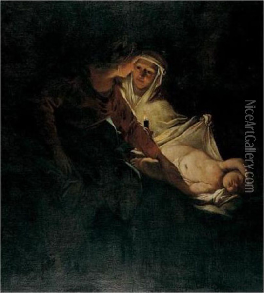A Woman And Her Maidservant With A Sleeping Child By Candlelight Oil Painting - Gerrit Van Honthorst