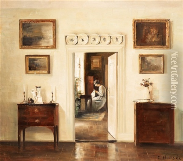 Handarbetande Kvinna Oil Painting - Carl Vilhelm Holsoe