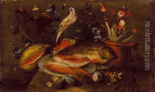 Natura Morta Di Fiori, Frutta E Pesci Oil Painting - Master Of The Guardeschi Flowers