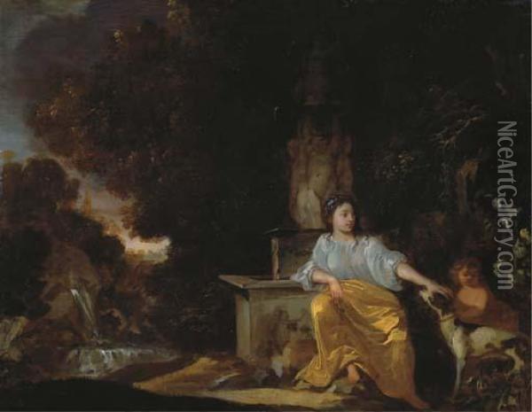 Venus And Cupid Awaiting Adonis By A Fountain Oil Painting - Dirck Van Der Lisse