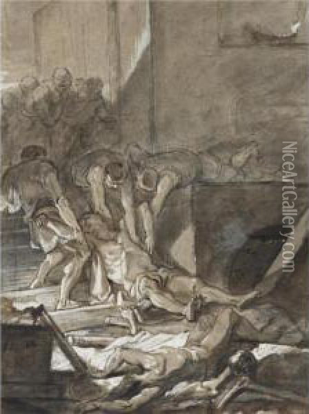 A Group Of Men Pulling A Corpse From A Mass Grave Oil Painting - Jean-baptiste Deshays