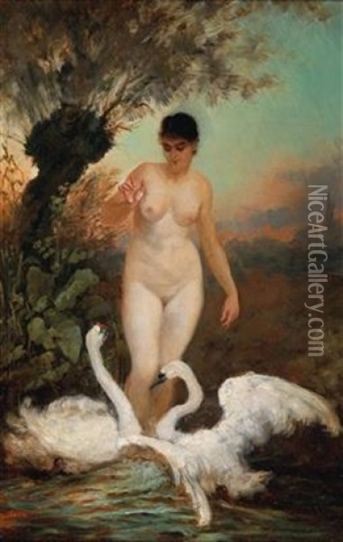 Female Nude With Two Swans Oil Painting - Hans Makart