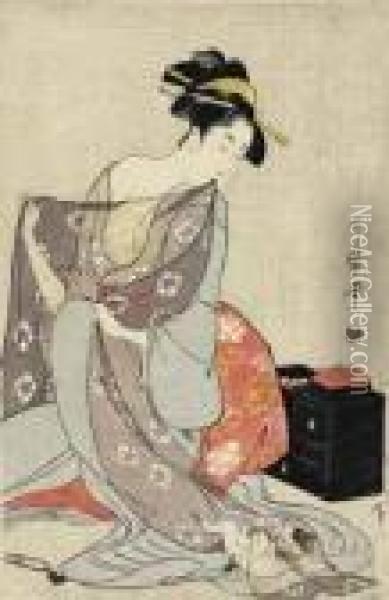 Needlework (hari-shigoto) Oil Painting - Kitagawa Utamaro