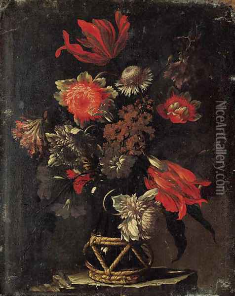Parrot tulips, chrysanthemums, a thistle, and other flowers in a vase on a stone ledge Oil Painting - dei Fiori (Nuzzi) Mario