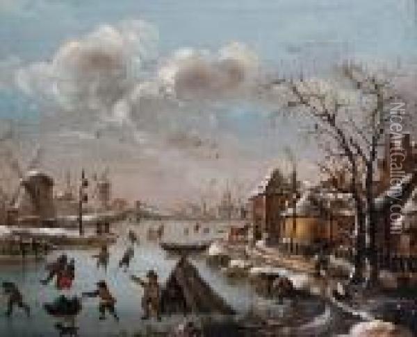 A Winter Skating Scene Oil Painting - Thomas Heeremans