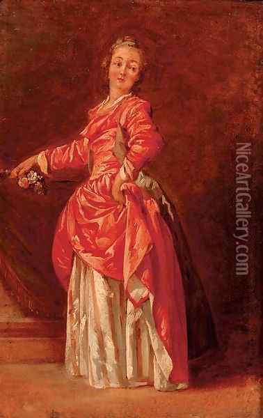 A lady in a red dress in an interior Oil Painting - Jean-Baptiste Le Prince