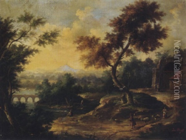 An Extensive River Landscape With Figures By Classical Ruins, A Bridge Beyond Oil Painting - Frederick De Moucheron