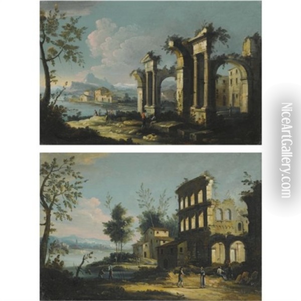 A Pair Of Capriccio River Landscapes With Figures Beneath Ancient Ruins (+ Another; Pair) Oil Painting -  Master of the Langmatt Foundation Views