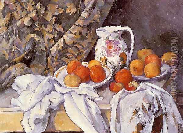 Still Life With Curtain And Flowered Pitcher Oil Painting - Paul Cezanne