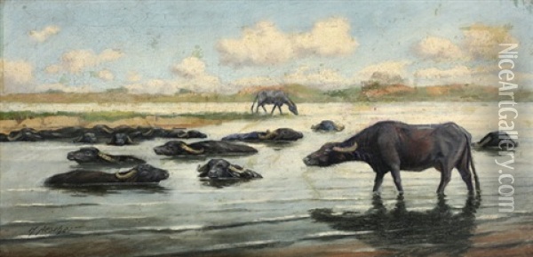 Buffalos Oil Painting - Hans Aescher