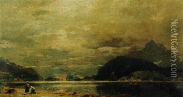 Evening Light On A Fjord Oil Painting - Georg Anton Rasmussen