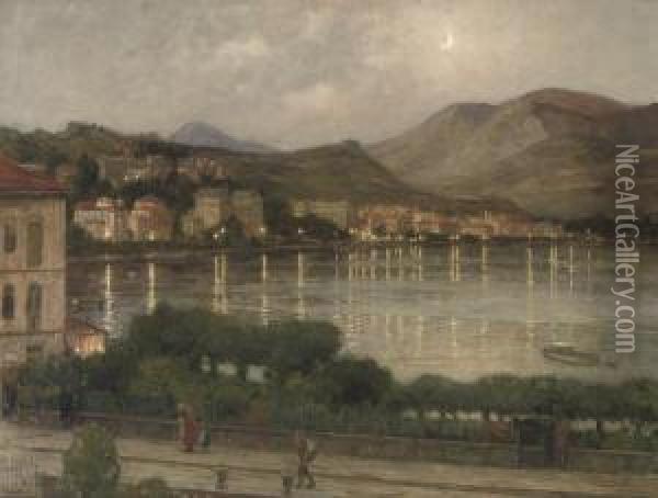 View Of The Lake Lugano By Night Oil Painting - Nicolaas Van Der Waay