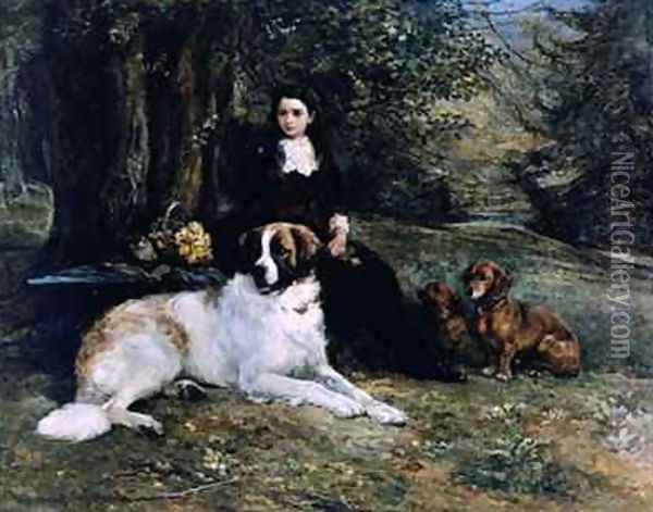Girl With Dog Oil Painting - Heywood Hardy