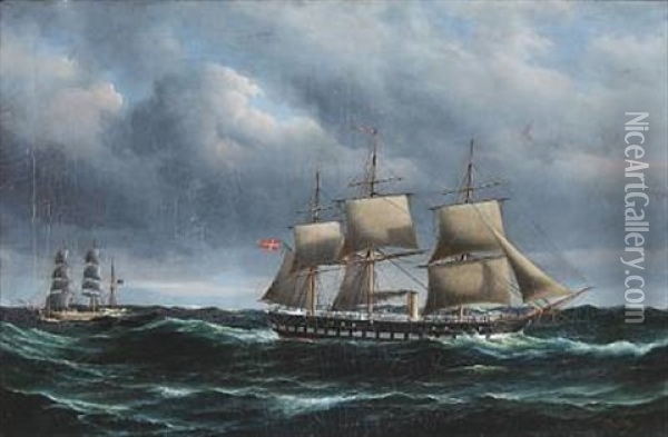 Seascape With The Frigate Jylland On Open Sea Oil Painting - Peder Nielsen Foss