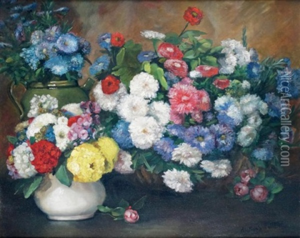 Les Trois Bouquets De Fleurs Oil Painting - Albert Dubois-Pillet