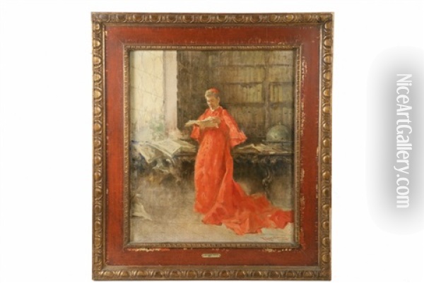 The Cardinal In His Library Oil Painting - Francesco Longo Mancini