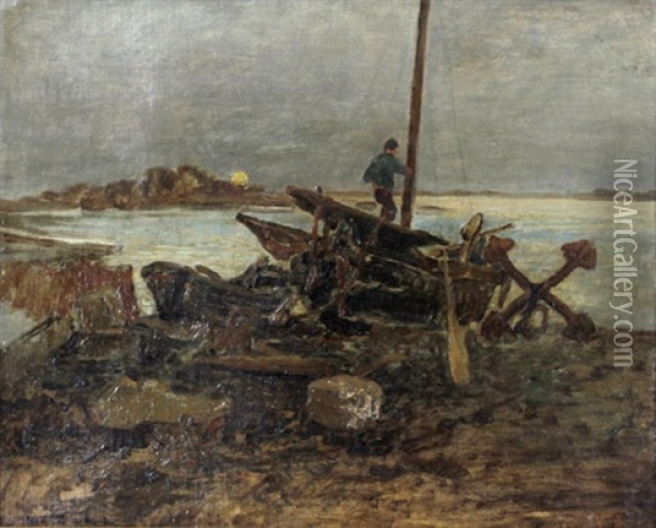 Fischer Mit Angelandetem Boot In Der Abenddammerung Oil Painting - Ludwig Dill