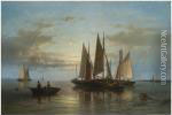 Boats Clustered By The Shore Oil Painting - Abraham Hulk Jun.