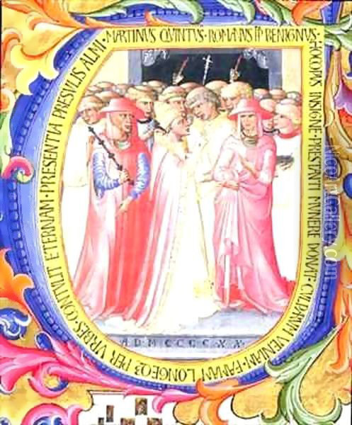 Historiated initial 'U' depicting Pope Martin V (1368-1431) concecrating the Church of Sant Egidio Oil Painting - Bartolomeo di Frusino