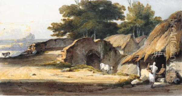 Indian Figures By A Hut With Cattle And A Bridge Nearby Oil Painting - George Chinnery