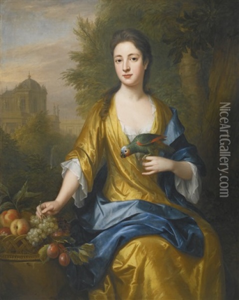 Portrait Of Miss Katherine Bristow, Holding A Parrot In Her Left Hand Oil Painting - John van der Vaart