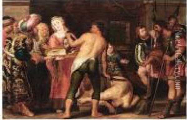 Salome Presents The Head Of John The Baptist To Herodias Oil Painting - Cornelis De Vos