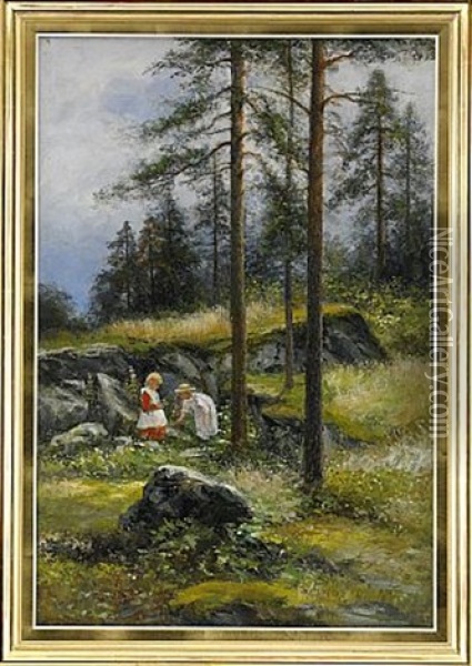 Barn Pa Skogspromenad Oil Painting - Johan Severin Nilsson