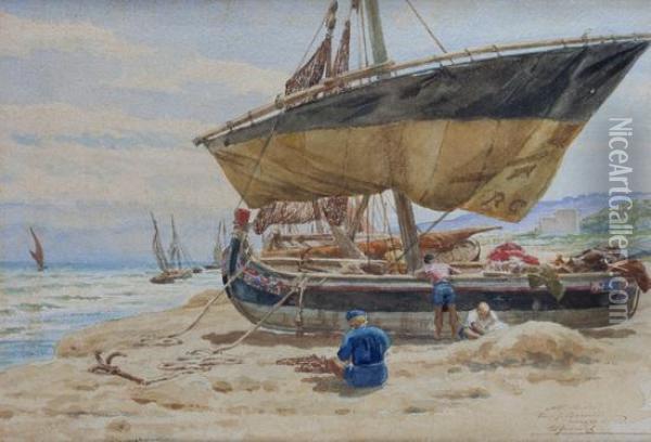 Spiaggia Della Costa Laziale Con Barche E Pescatori A Riva Oil Painting - Ettore Ferrari