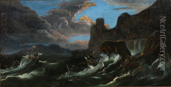 Wrecked Ships Off The Rocky Coastline Oil Painting - Matthieu Van Plattenberg