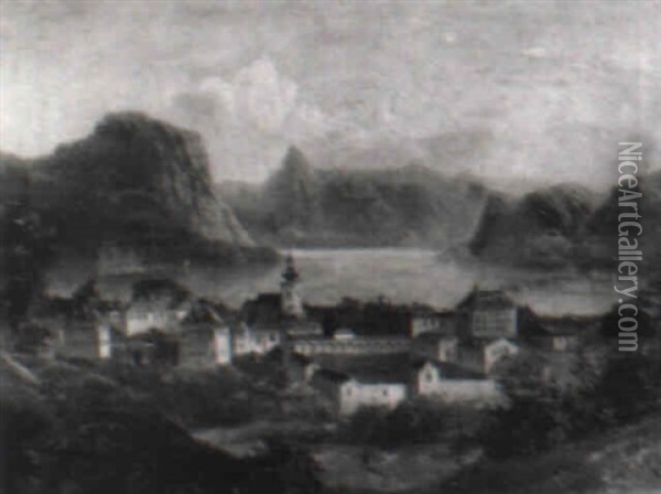 Ansicht Von Gmunden Mit Dem Schlos Orth Im Hintergrund Oil Painting - Johann Wilhelm Jankowski