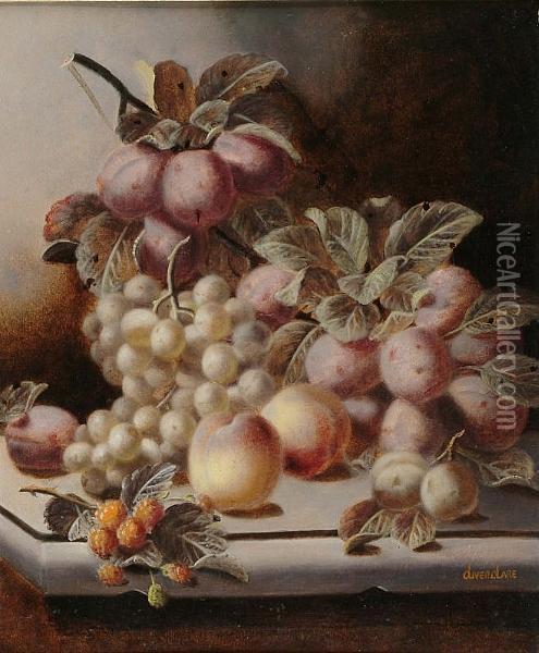 Still Life Of Plums, Peaches And Rasperries On A Ledge Oil Painting - Oliver Clare