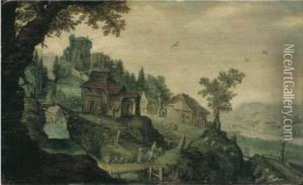 Promeneurs Sur Un Pont Devant Un Village Fortifie Oil Painting - Tobias van Haecht (see Verhaecht)