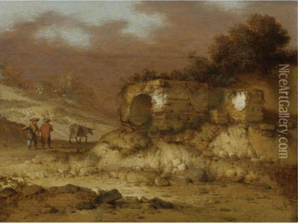 A Landscape With Ruins And Figures Driving A Donkey Oil Painting - Jacobus Sibrandi Mancandan