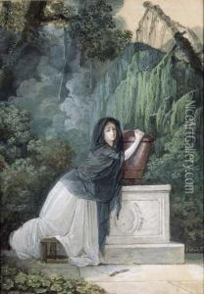 A Woman In Mourning Kneeling In Front Of A Monument Withcupid Oil Painting - Jean-Baptiste Mallet
