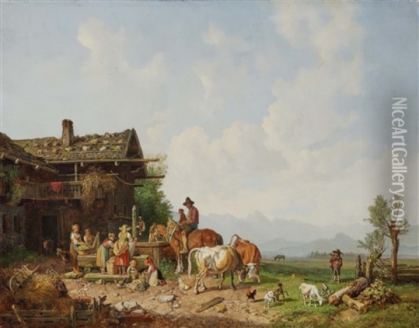 Farmhouse With Fountain Oil Painting - Heinrich Buerkel