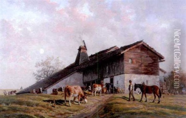 Ma Ferme Jurassienne A Joux-perret Oil Painting - Edouard Jeanmaire