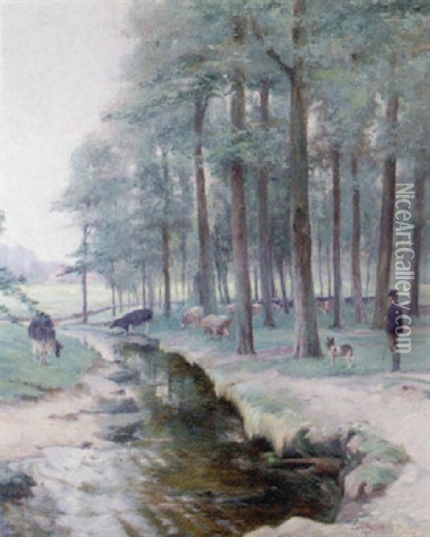 Meadow With Cows And Herder Oil Painting - Jan van Beers