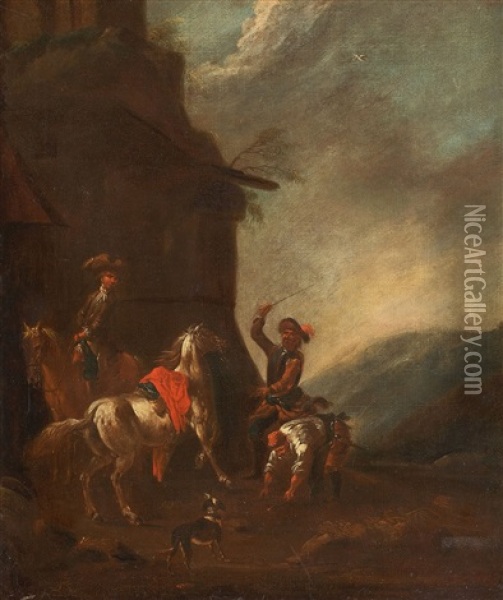 Landscape With Horsemen Oil Painting - August Querfurt