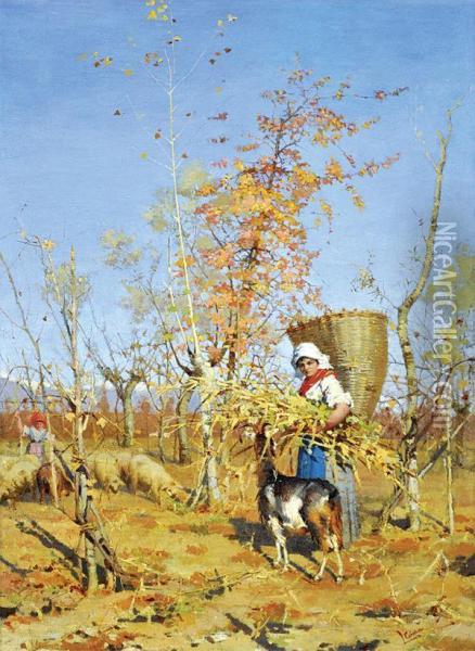 Girl Carrying A Basket And Wheat Sheaf With A Goat Oil Painting - Luigi Cima