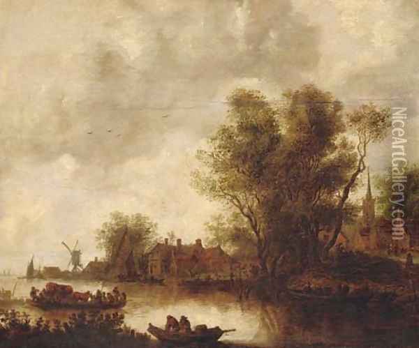 A river landscape with a ferry, a church beyond Oil Painting - Jan van Goyen