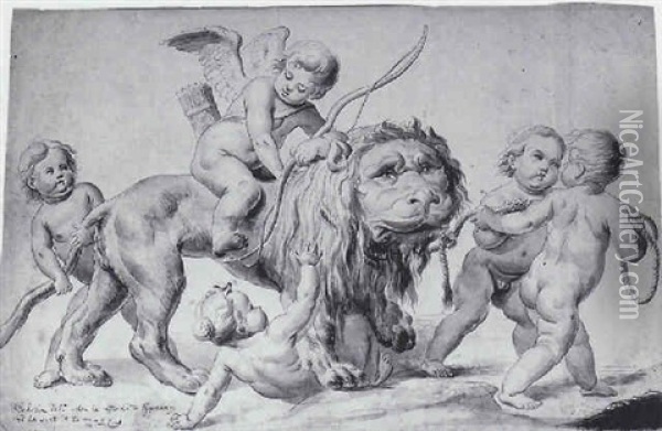 Putto Riding A Lion, Being Pulled By Other Putti Oil Painting - Johannes I (John) Eckstein