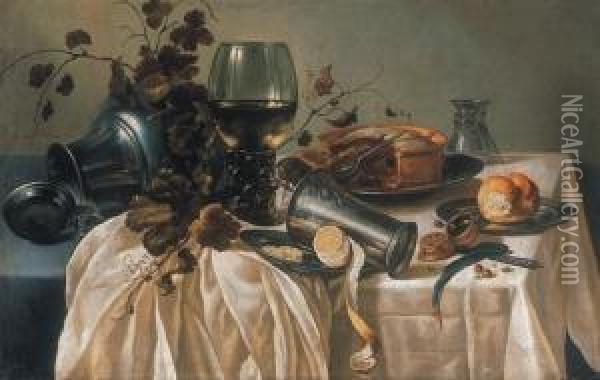 A Still-life: A Table With Metal Jug And Tumbler Oil Painting - Pieter Claesz.