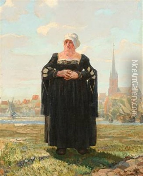 Mother Sigbrit On Amager Island, In The Background Copenhagen Oil Painting - Hans Nikolaj Hansen