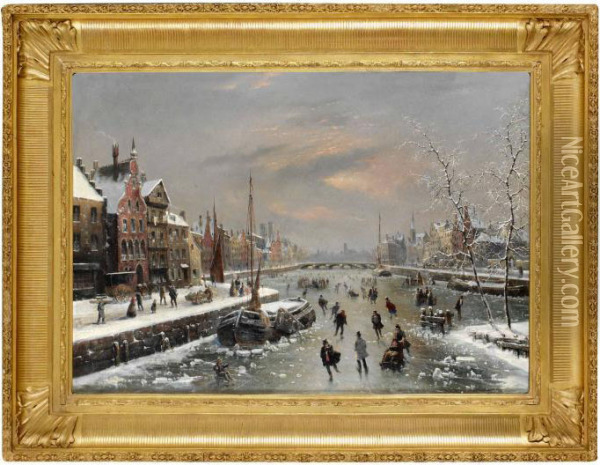 Skridskoakare Pa Frusen Kanal Oil Painting - Louis-Claude Mallebranche