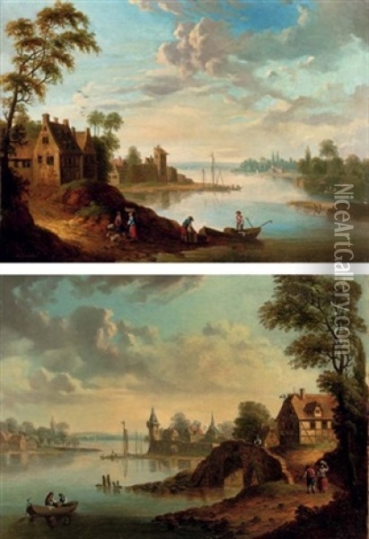 A River Landscape With A Village, Peasants At Work (+ A River Landscape With A Walled Town, Figures In A Boat And Travellers; Pair) Oil Painting - Christian Georg Schuetz the Younger