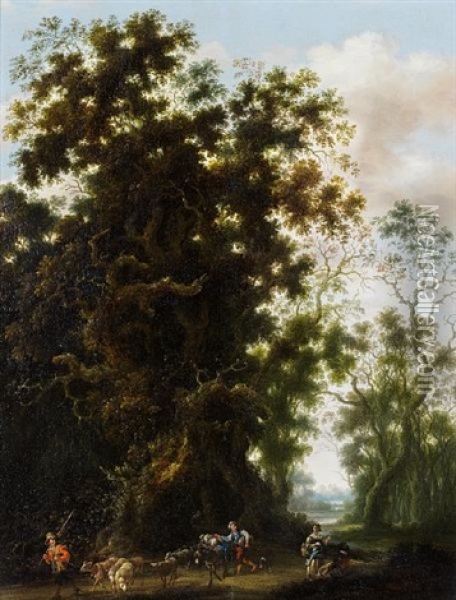 A Wooded Landscape With A Shepherd And His Flock On A Country Path Oil Painting - Joachim Govertsz Camphuysen