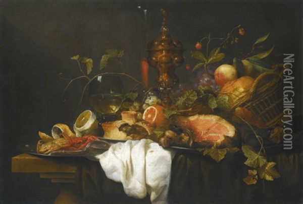 A 'pronk' Still Life Of Fruits In A Basket Together With A Gilt Goblet, Wine Glass, A Ham, A Pie, Orange, Lemon And A Crab, All Upon A Table Draped With Blue And White Cloths Oil Painting - Joris Van Son