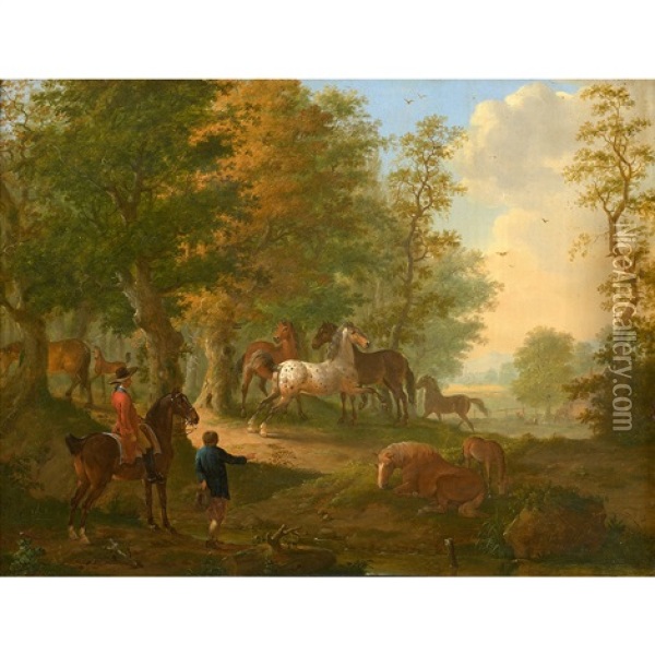 Cavaliers Et Villageois Observant Des Chevaux En Liberte Oil Painting - Johann Georg Pforr