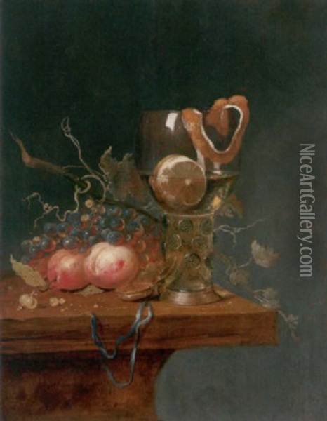 Stilleben Mit Weintrauben Und Pfirsichen, Einem Romer Mit Einer Zitrone Und Einer Uhr Oil Painting - Gillis van Berkborch