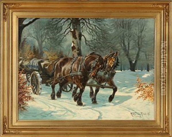Winter Forest With Horses And Carriage Oil Painting - Karl Frederik Christian Hansen-Reistrup
